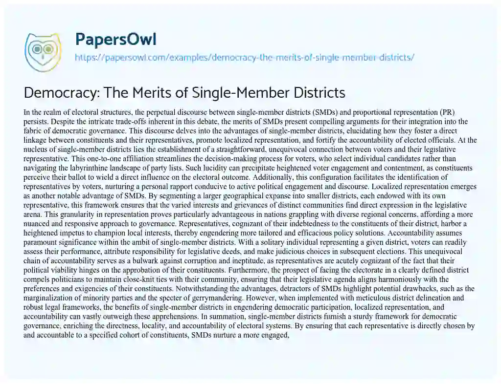 Essay on Democracy: the Merits of Single-Member Districts