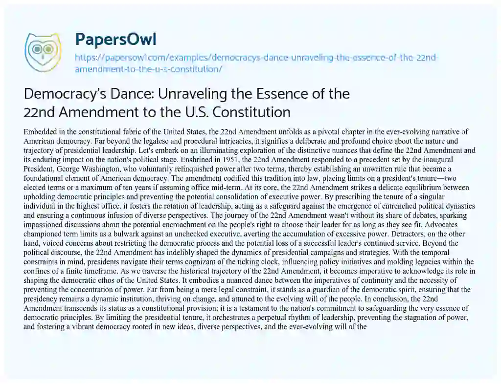 Essay on Democracy’s Dance: Unraveling the Essence of the 22nd Amendment to the U.S. Constitution