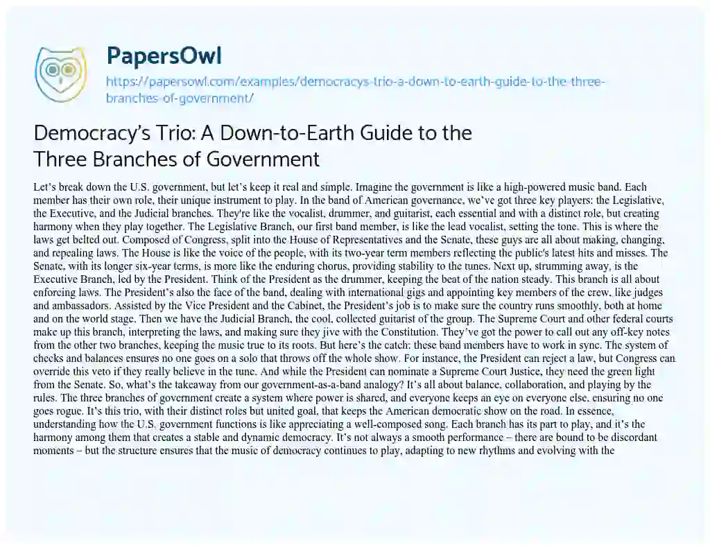 Essay on Democracy’s Trio: a Down-to-Earth Guide to the Three Branches of Government
