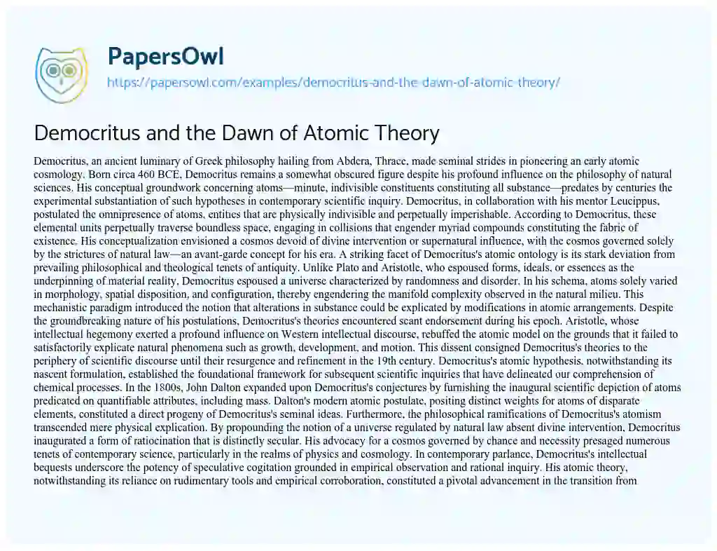 Essay on Democritus and the Dawn of Atomic Theory