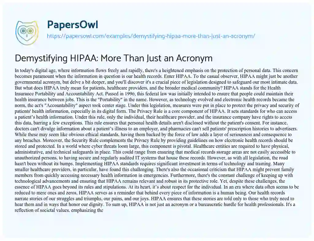 Essay on Demystifying HIPAA: more than Just an Acronym