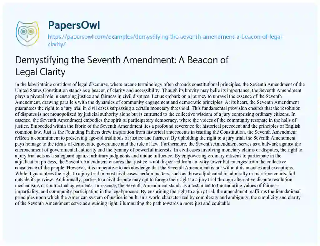 Essay on Demystifying the Seventh Amendment: a Beacon of Legal Clarity