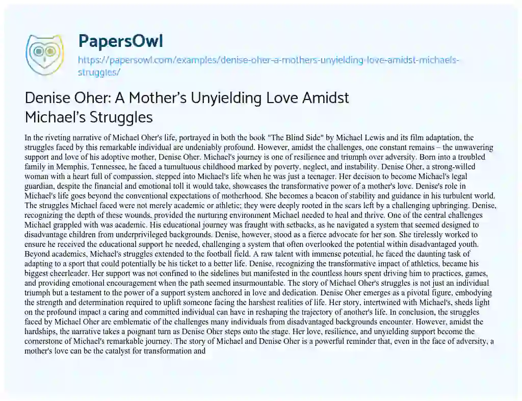 Essay on Denise Oher: a Mother’s Unyielding Love Amidst Michael’s Struggles