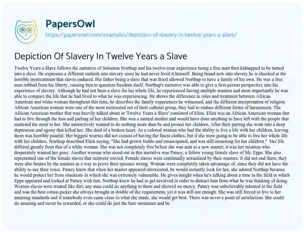 Essay on Depiction of Slavery in Twelve Years a Slave