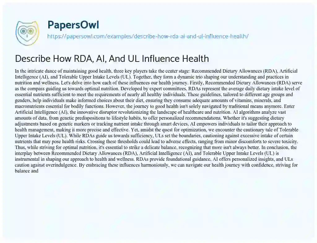 Essay on Describe how RDA, AI, and UL Influence Health