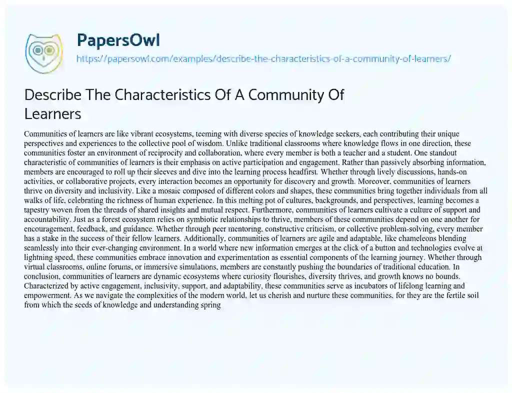 Essay on Describe the Characteristics of a Community of Learners