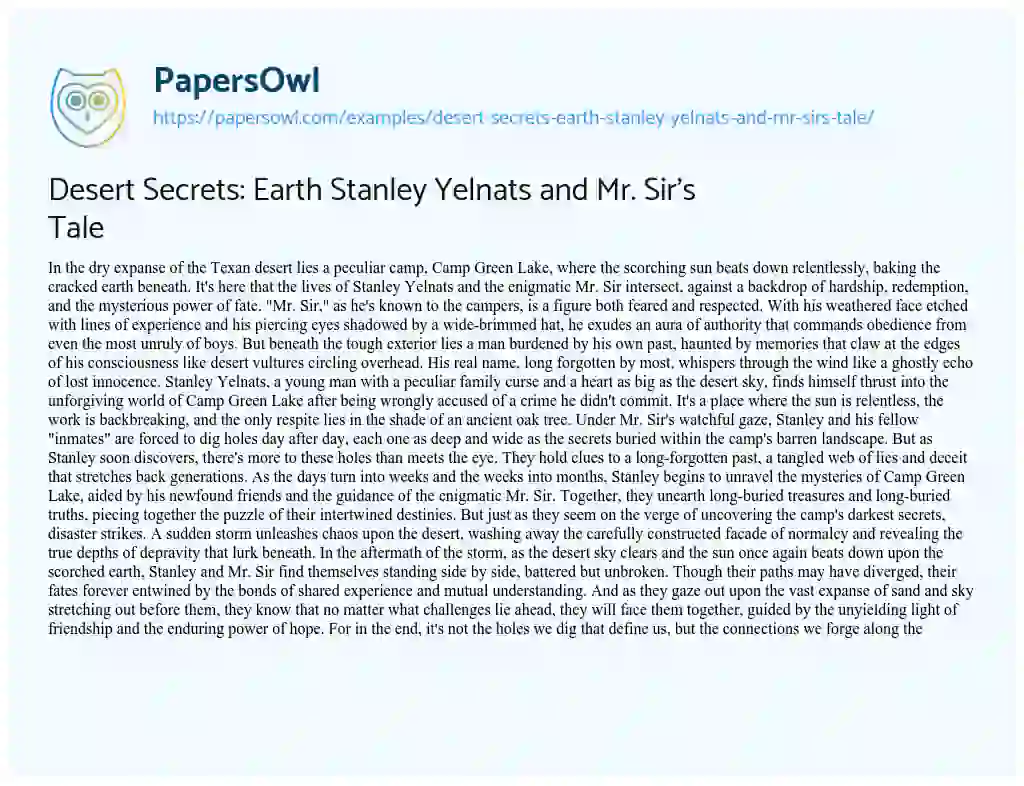 Essay on Desert Secrets: Earth Stanley Yelnats and Mr. Sir’s Tale