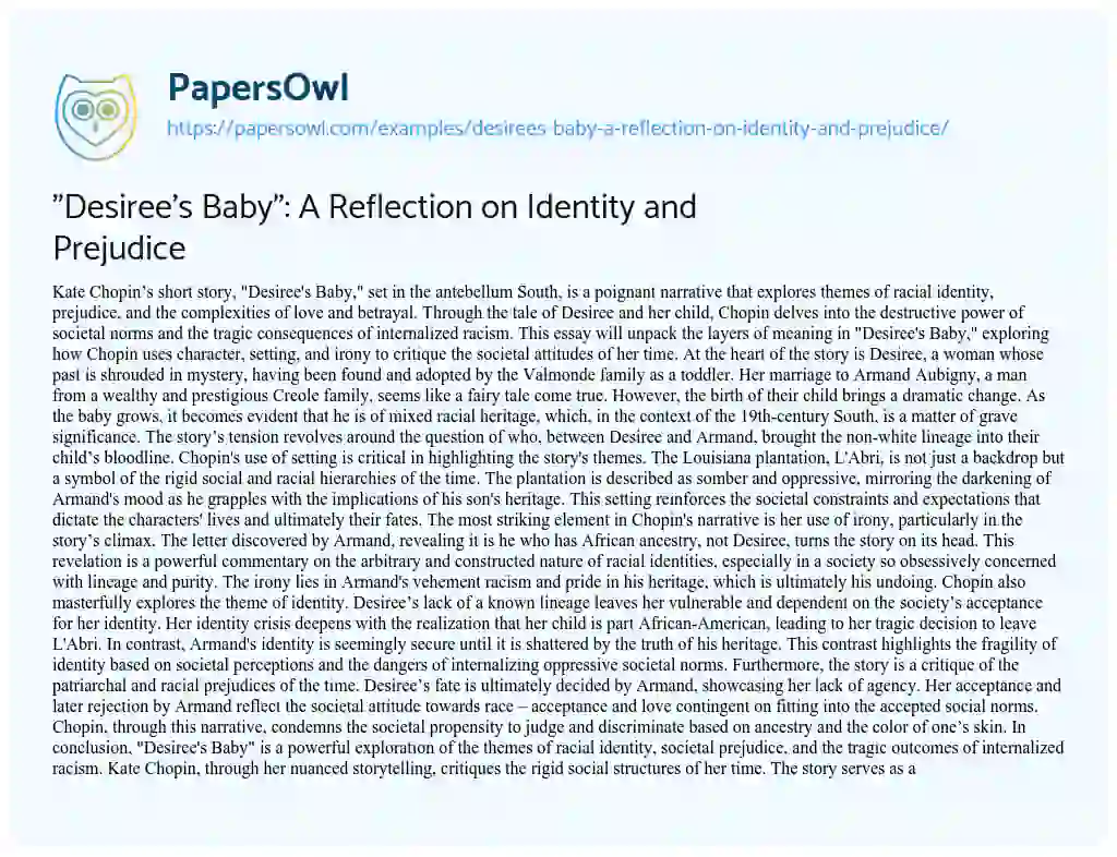 Essay on “Desiree’s Baby”: a Reflection on Identity and Prejudice