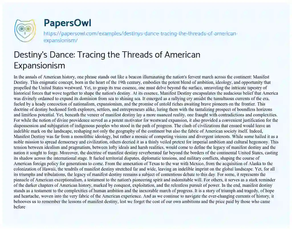 Essay on Destiny’s Dance: Tracing the Threads of American Expansionism