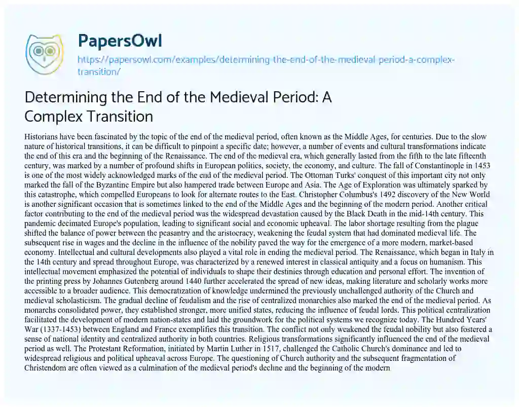Essay on Determining the End of the Medieval Period: a Complex Transition