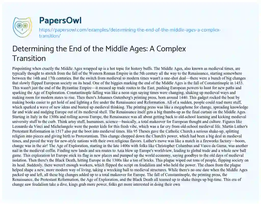 Essay on Determining the End of the Middle Ages: a Complex Transition