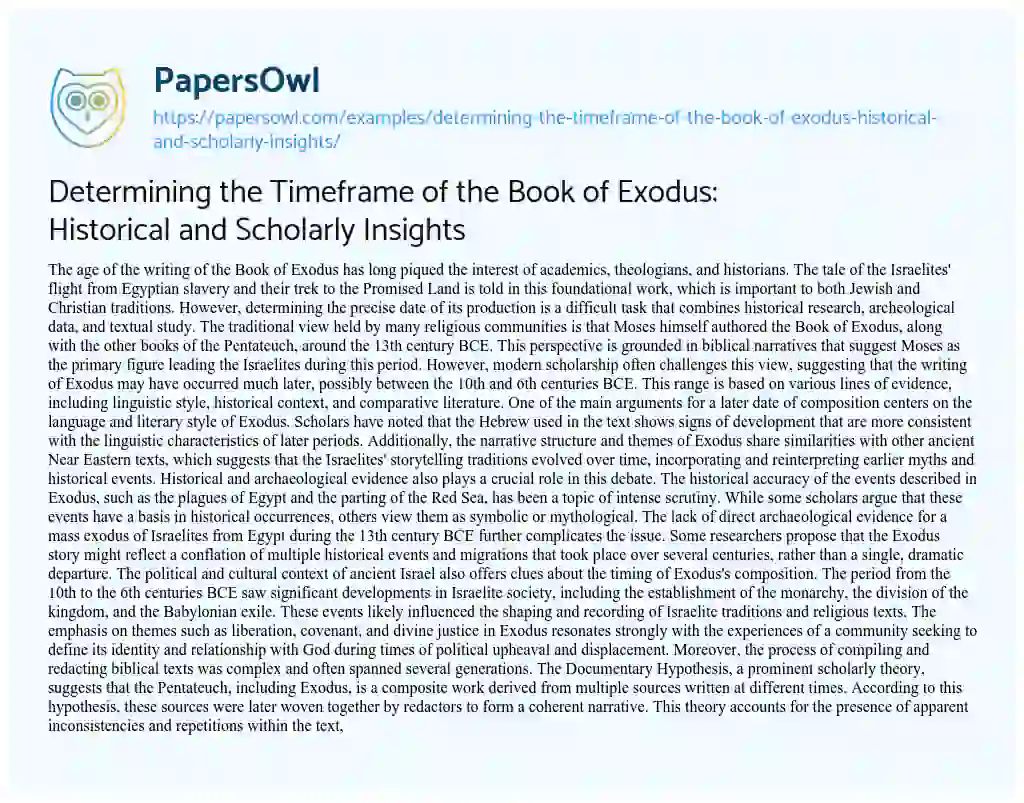 Essay on Determining the Timeframe of the Book of Exodus: Historical and Scholarly Insights