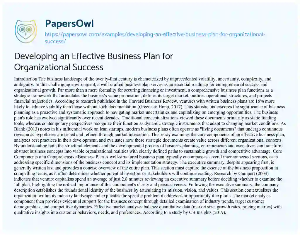 Essay on Developing an Effective Business Plan for Organizational Success