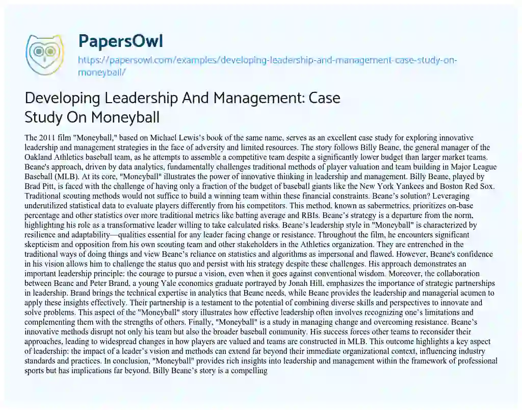 Essay on Developing Leadership and Management: Case Study on Moneyball