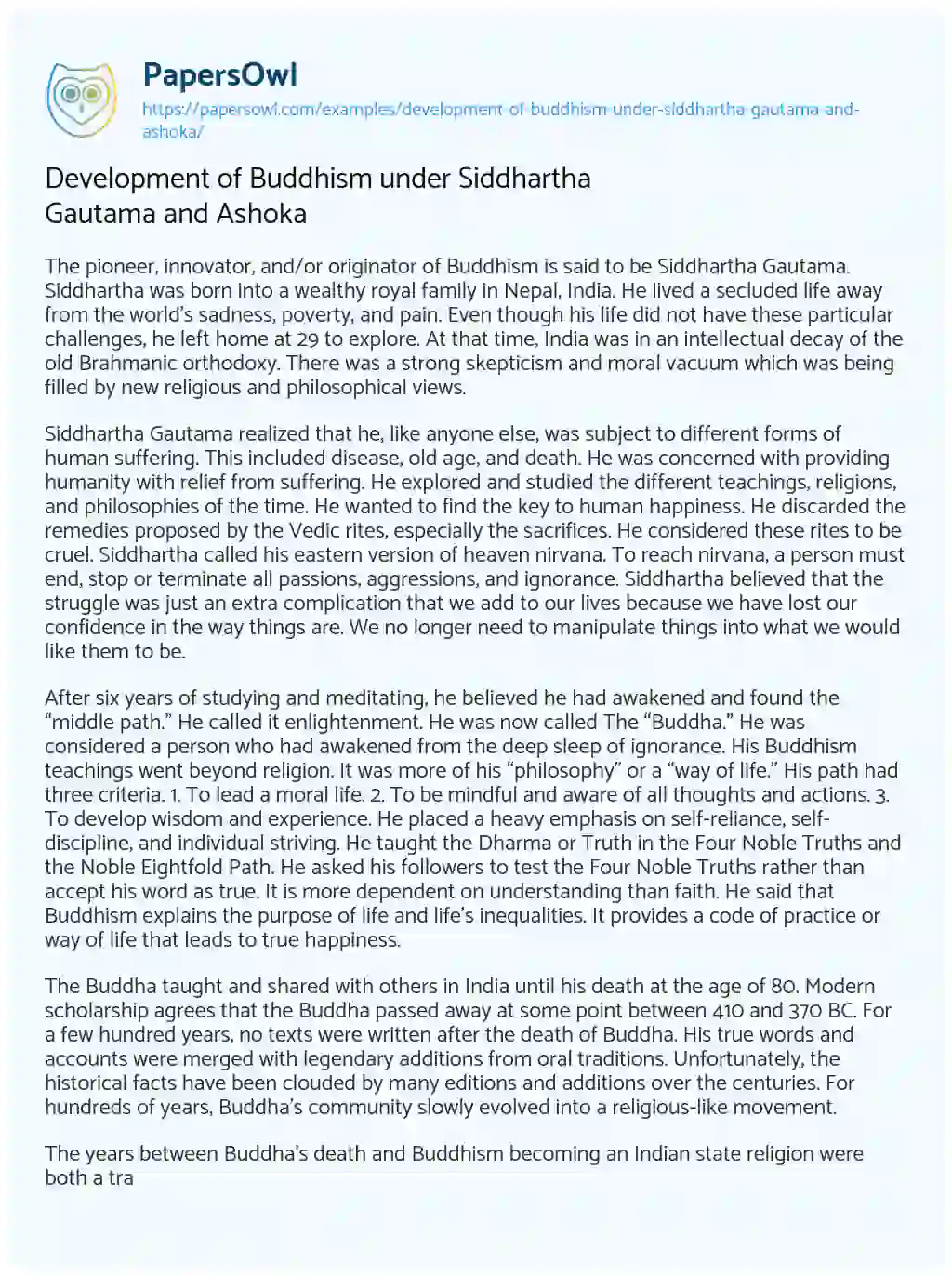 Essay on Development of Buddhism under Siddhartha Gautama and Ashoka