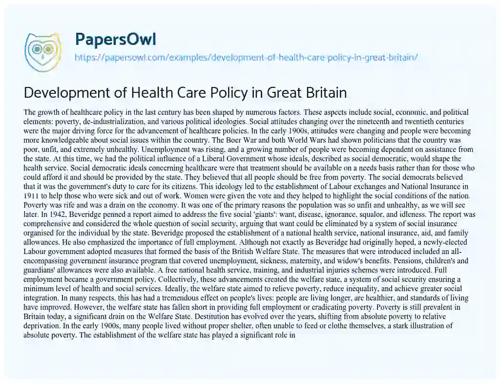 Essay on Development of Health Care Policy in Great Britain