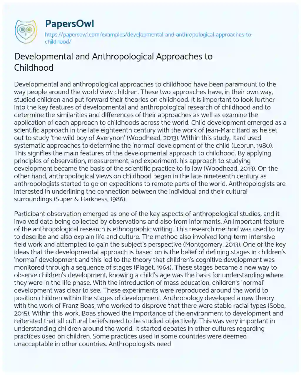 Essay on Developmental and Anthropological Approaches to Childhood