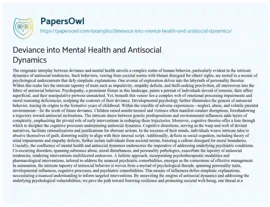 Essay on Deviance into Mental Health and Antisocial Dynamics