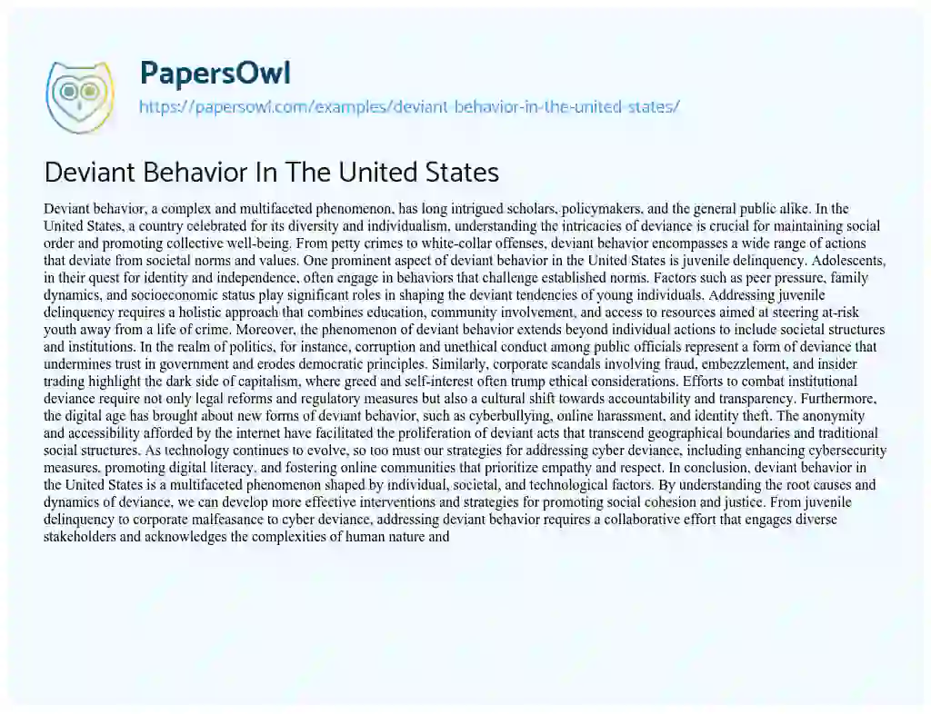 Essay on Deviant Behavior in the United States