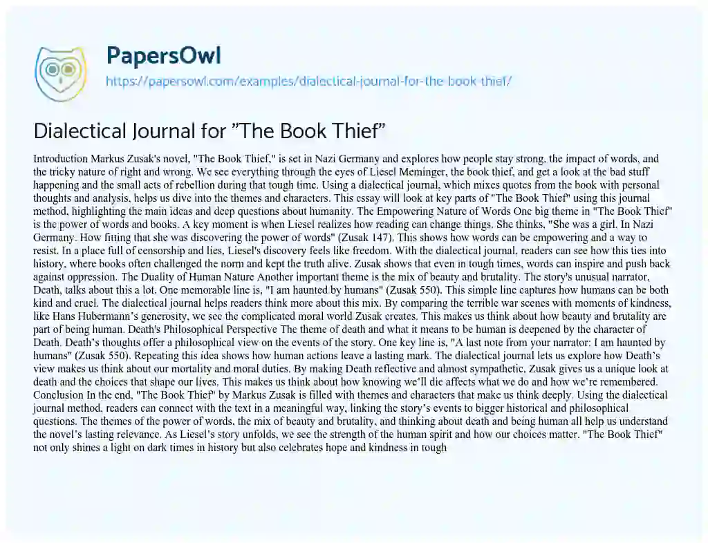Essay on Dialectical Journal for “The Book Thief”