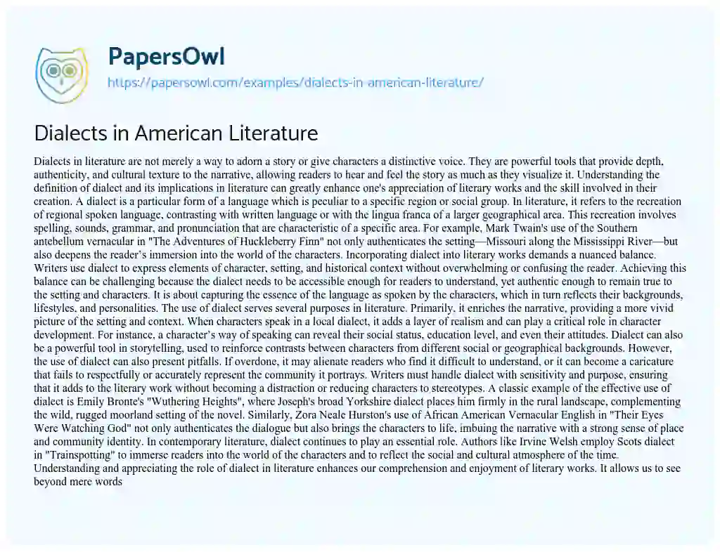 Essay on Dialects in American Literature