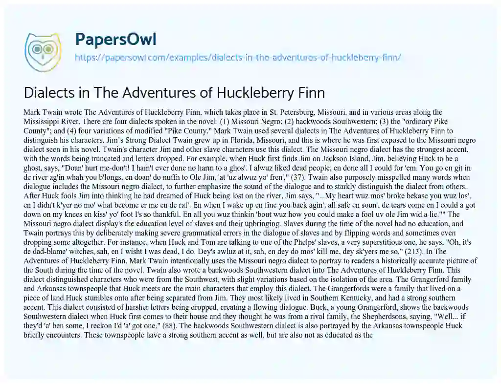 Dialects in the Adventures of Huckleberry Finn essay