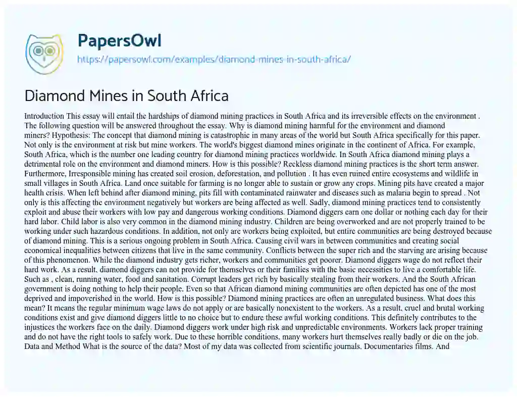 Essay on Diamond Mines in South Africa