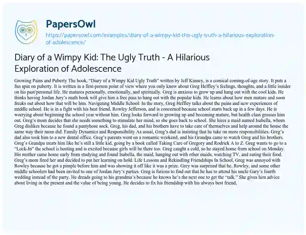 Essay on Diary of a Wimpy Kid: the Ugly Truth – a Hilarious Exploration of Adolescence