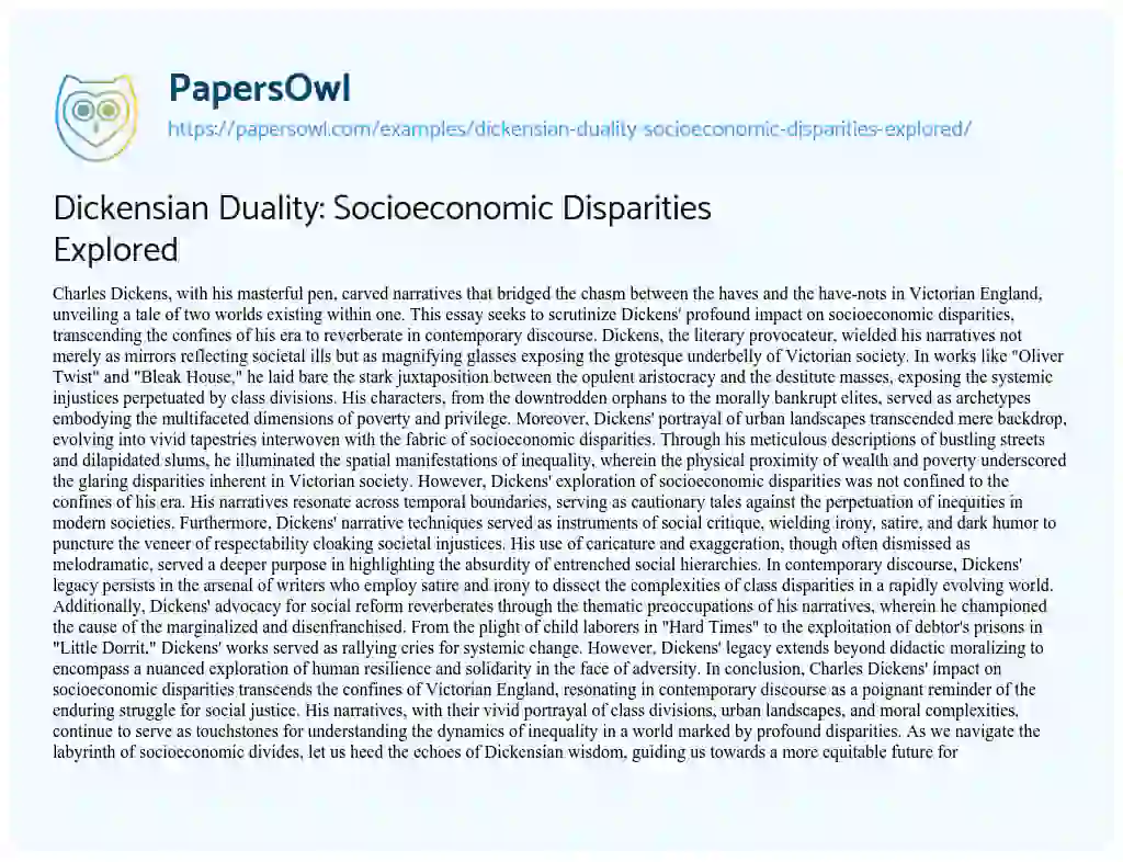 Essay on Dickensian Duality: Socioeconomic Disparities Explored