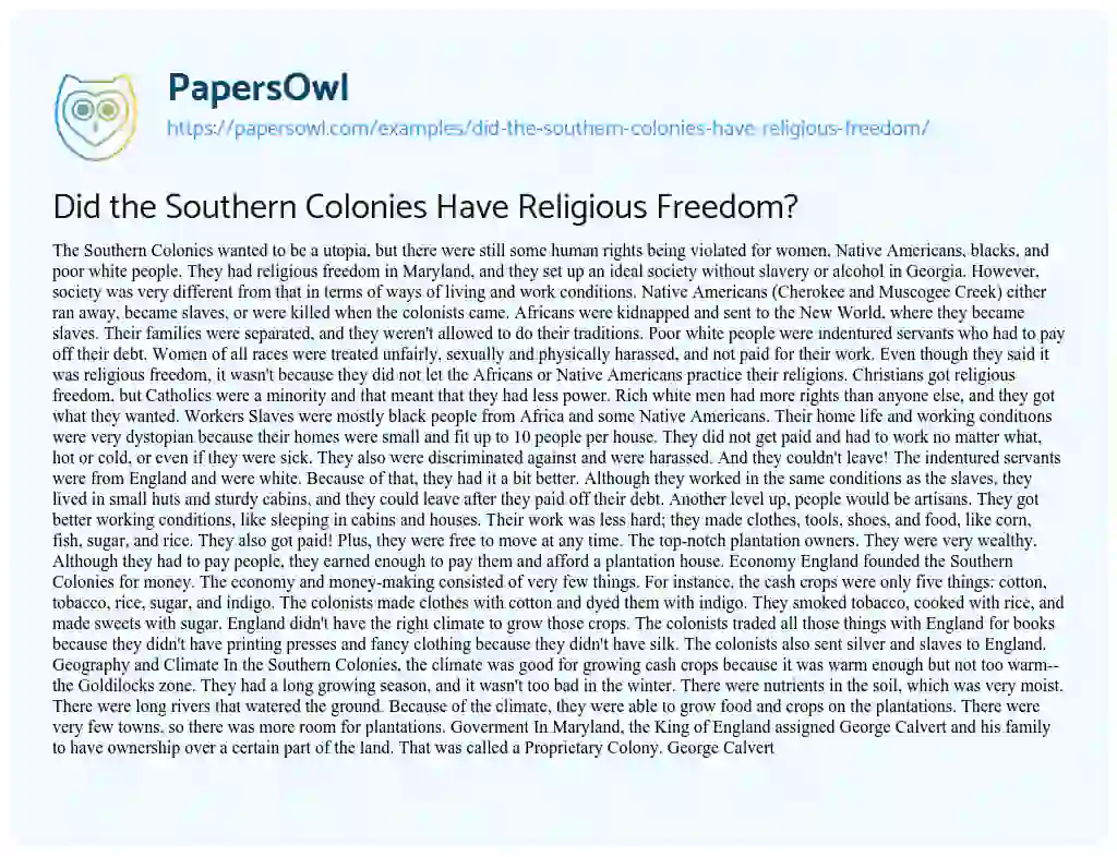 Essay on Did the Southern Colonies have Religious Freedom?