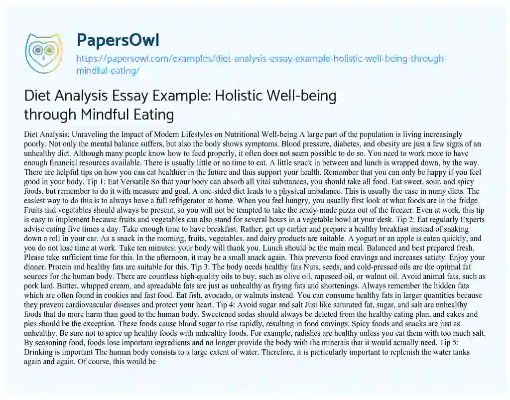 Essay on Diet Analysis Essay Example: Holistic Well-being through Mindful Eating