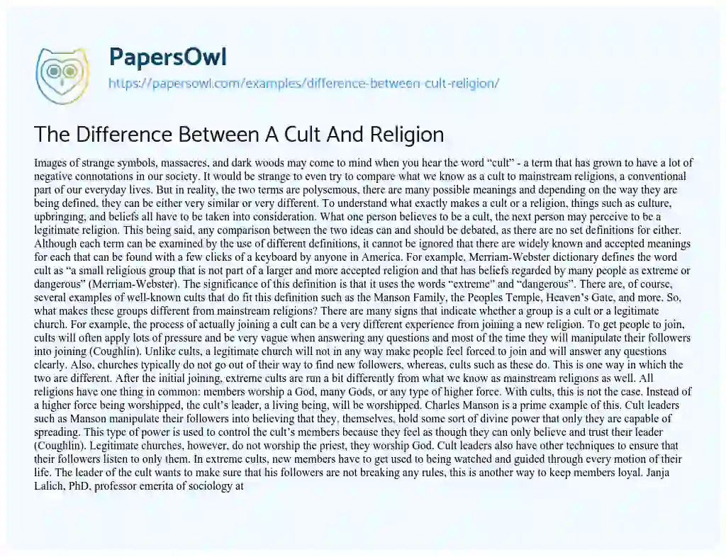 Essay on The Difference between a Cult and Religion
