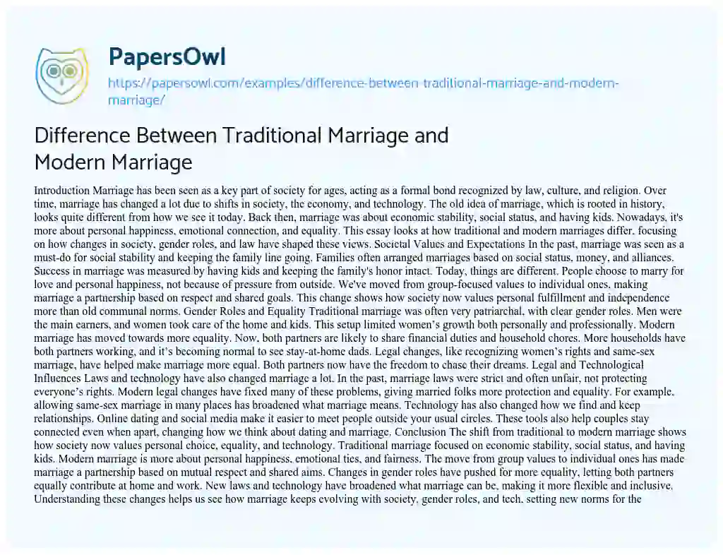 Essay on Difference between Traditional Marriage and Modern Marriage