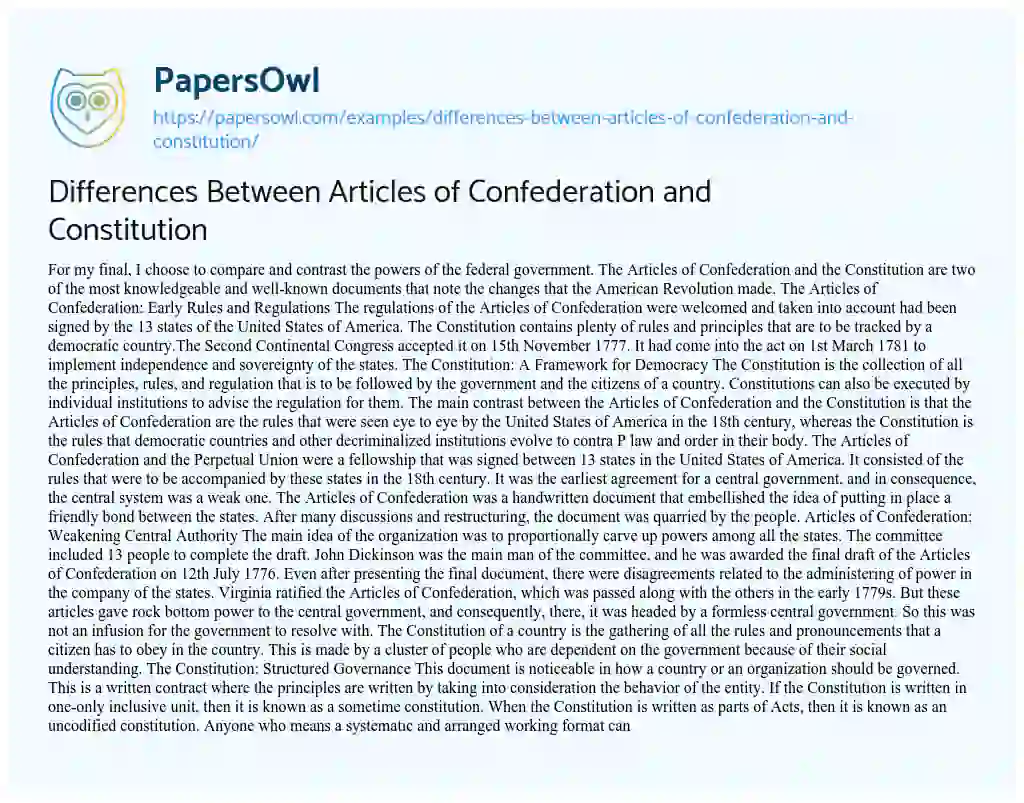 Essay on Differences between Articles of Confederation and Constitution