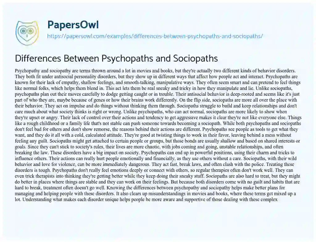 Essay on Differences between Psychopaths and Sociopaths