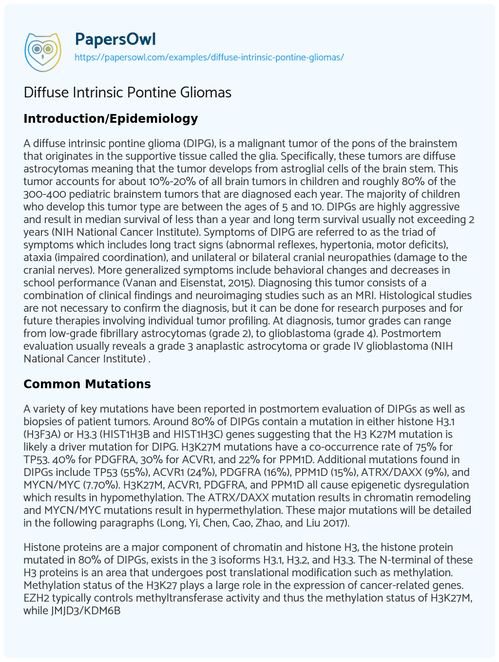 Essay on Diffuse Intrinsic Pontine Gliomas