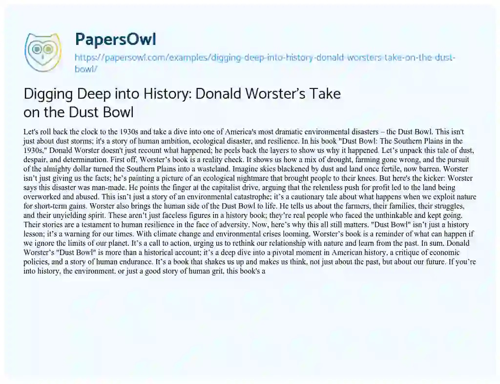 Essay on Digging Deep into History: Donald Worster’s Take on the Dust Bowl