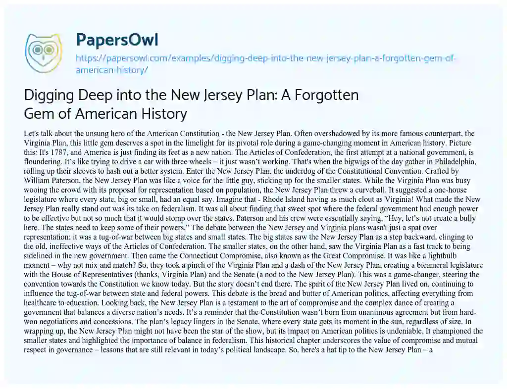 Essay on Digging Deep into the New Jersey Plan: a Forgotten Gem of American History