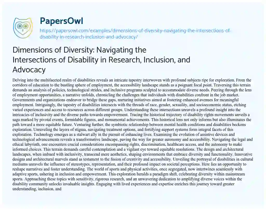 Essay on Dimensions of Diversity: Navigating the Intersections of Disability in Research, Inclusion, and Advocacy