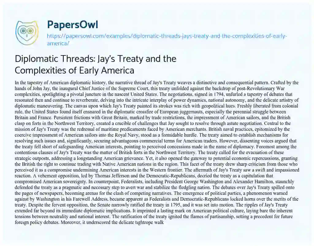Essay on Diplomatic Threads: Jay’s Treaty and the Complexities of Early America