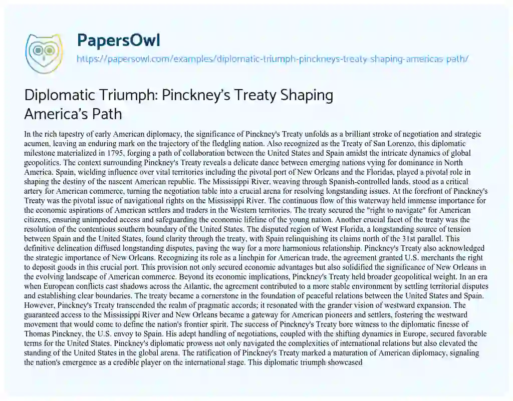 Essay on Diplomatic Triumph: Pinckney’s Treaty Shaping America’s Path