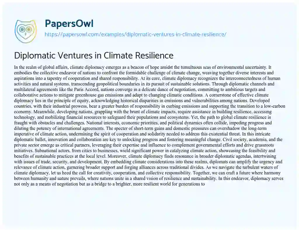Essay on Diplomatic Ventures in Climate Resilience