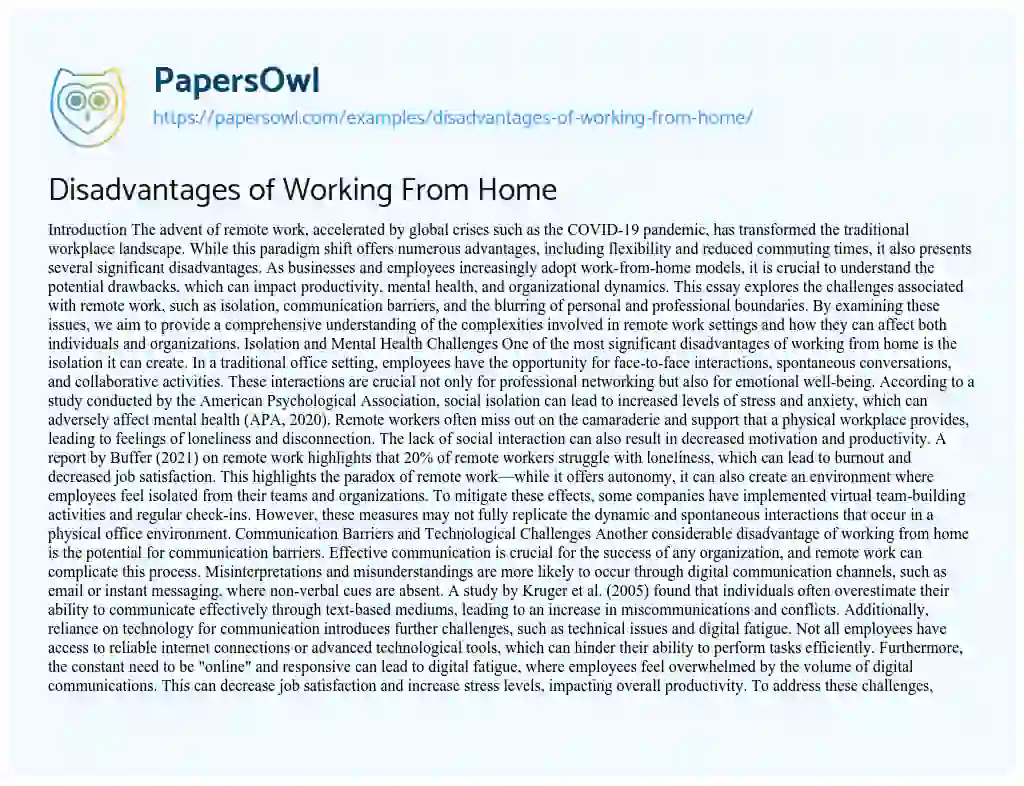 Essay on Disadvantages of Working From Home