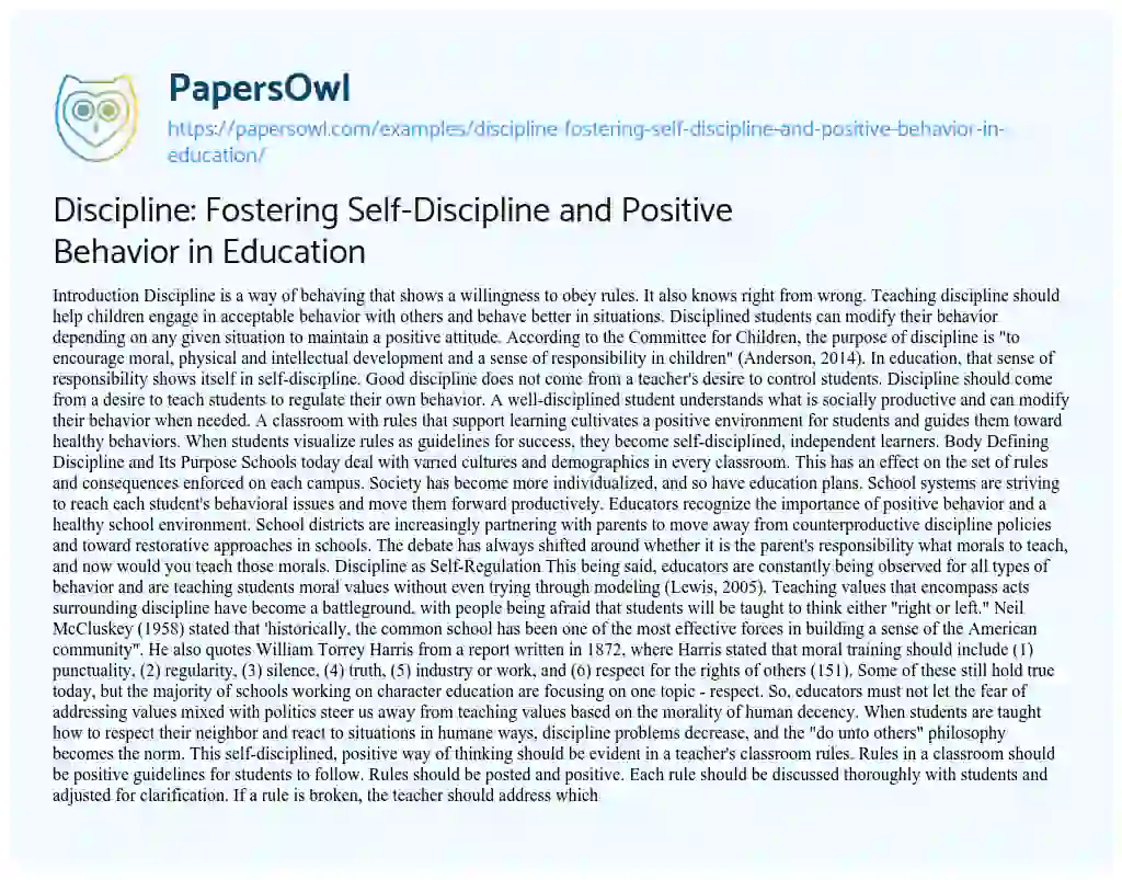 Essay on Discipline: Fostering Self-Discipline and Positive Behavior in Education