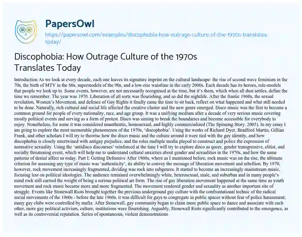Essay on Discophobia: how Outrage Culture of the 1970s Translates Today