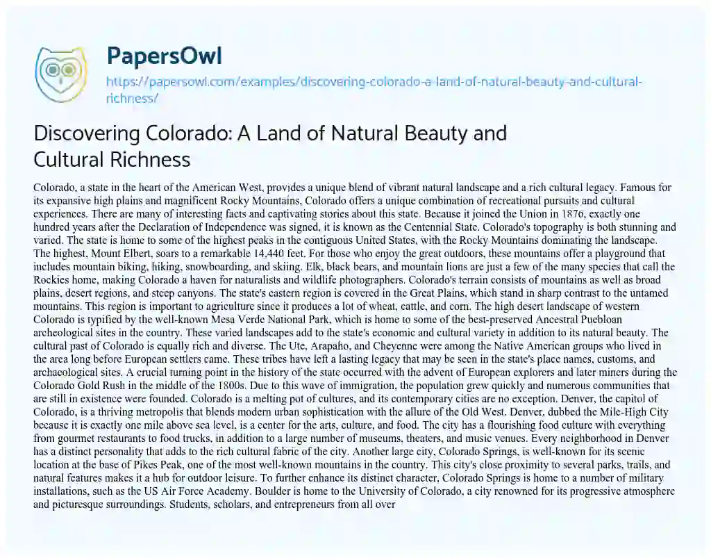 Essay on Discovering Colorado: a Land of Natural Beauty and Cultural Richness