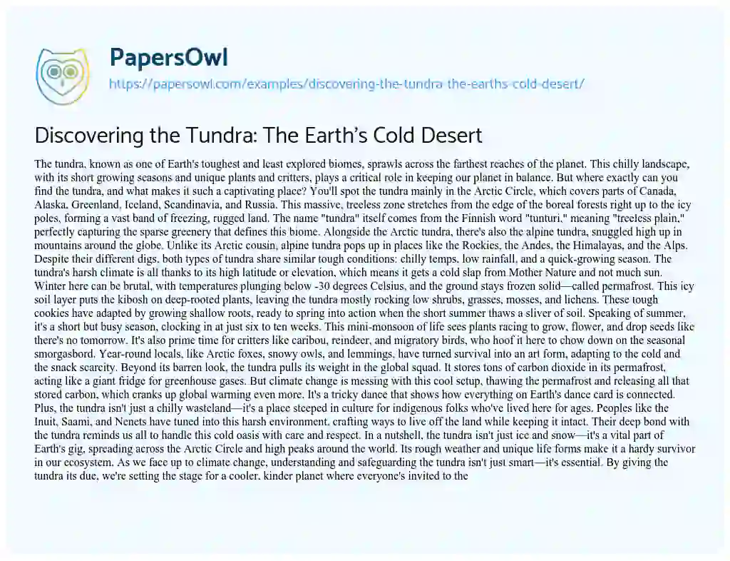 Essay on Discovering the Tundra: the Earth’s Cold Desert