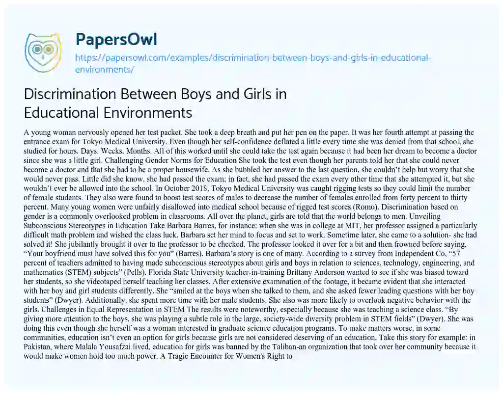 Essay on Discrimination between Boys and Girls in Educational Environments