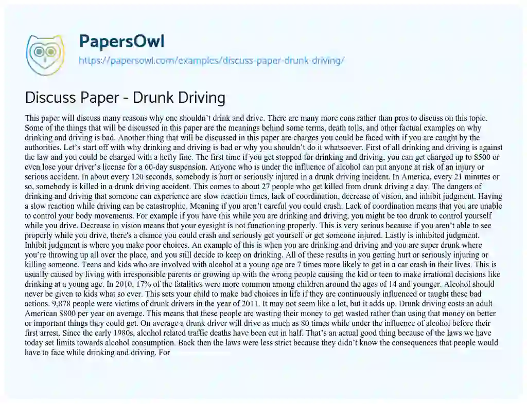 Essay on Discuss Paper – Drunk Driving