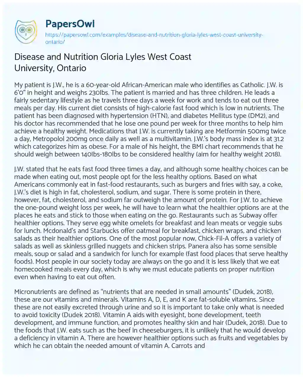 Disease and Nutrition Gloria Lyles West Coast University, Ontario essay